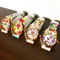 腕時計 花柄 蝶 カラフル ラバーバンド レディース 4点セット