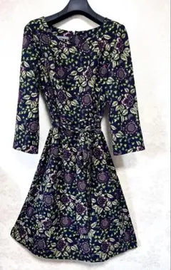 ローラアシュレイ 花柄 ロングワンピース UK12 L フレア ブラック