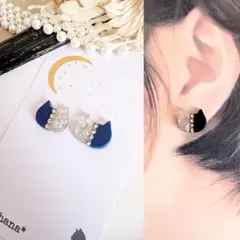 煌めく✨バイカラー 猫 ピアス イヤリング ネイビー