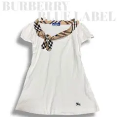 バーバリーブルーレーベル ボウタイTシャツ ノバチェック ホワイト パフスリーブ