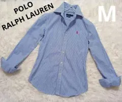 ポロラルフローレン カスタムフィット 長袖シャツ ストライプ 刺繍 青 白 М