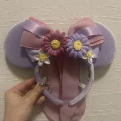 花とリボン付き紫ピンクカチューシャ