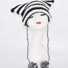 猫耳ニット帽 白黒