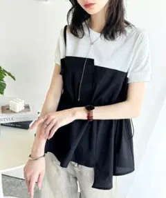 クラシカルエルフ　アシメレイヤード　ドッキング 異素材切替 Tシャツ 黒×白のサムネイル