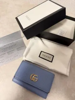 美品✨️GUCCI GGマーモント レザー 6連 キーケース ブルー系 付属品付 希少】GUCCI GGマーモント6連キーケース♡ライトブルー 箱・袋付き