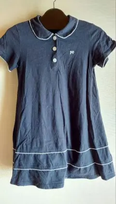 ネイビー ポロワンピース 半袖 リボン刺繍