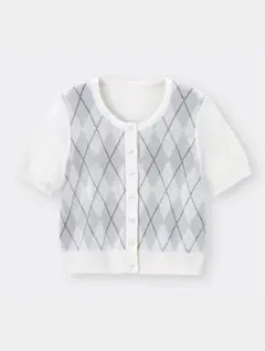 アーガイル柄 ホワイト 半袖カーディガン ブラウス