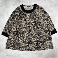 五分袖チュニック 5分袖 花柄 ブラック ペールオレンジ ビッグシルエット