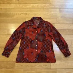 70sビンテージ！赤のドット柄デザイン長袖ポリエステルシャツ