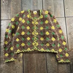 古着　レディース　3Dニット　カーディガン　ボレロ　花柄編み　ラグラン　ウール.