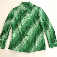 【Vintage USED 】 レトロな長袖シャツ　緑系ストライプ