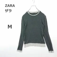 【ザラ】ZARA 配色リブカットソー 長袖 レイヤード風 M グレー系 シンプル