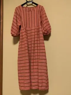 ハンドメイド　着物リメイク　珊瑚色　ドルマンパフスリーブ　ロングワンピース