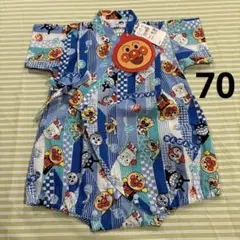 ⑭70、新品タグ付き☆アンパンマン、ブルー‪☆甚平‪、ロンパース