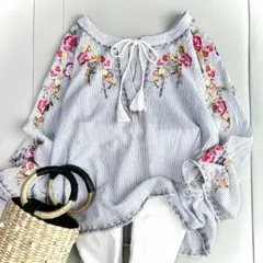 美品】 ビアズリー 近年モデル リネンシャツ ブラウス ボーダー 花柄 