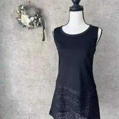 【プロバドール】ノースリーブ黒ワンピース レース　スパンコール　ラインストーンM