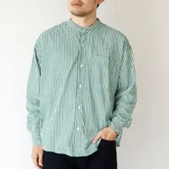 ハルハム　ストライプ　シャツ　グリーン　コットン　長袖　メンズ　綿　カジュアル