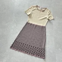 ハナエモリアルマンローズ〔38〕リボン 切替 Aライン ニットワンピース 半袖