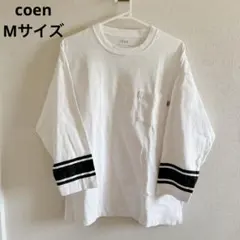 coen メンズ 七分袖Tシャツ ホワイト 袖ライン 綿100%