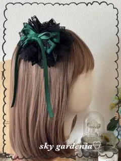 ♡黒ダブルレース ローズグリーンリボン円形ヘッドドレス ロリータ量産型ゴスロリ♡
