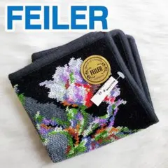 新品未使用●フェイラー●タオルハンカチ●パープルと赤の花・背景ブラック