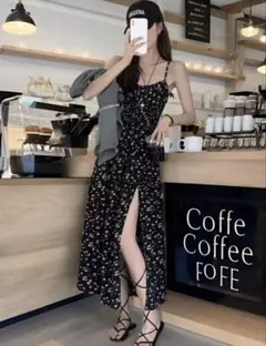 【新品】SHEIN 黒 花柄 キャミソール ロングワンピース