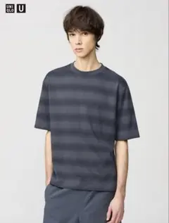 ユニクロU エアリズムコットンオーバーサイズボーダーTシャツ ダークグレーＬ