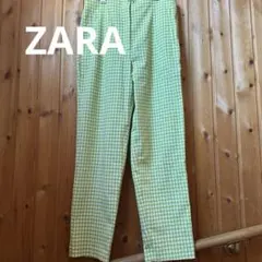 ZARA グリーン×ホワイト　ギンガムチェック柄パンツ　スラックス　M 美品