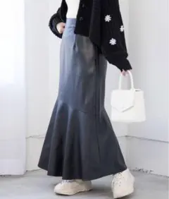 Heather ヘザー 黒フェイクレザー フレア ロングスカート M 黒