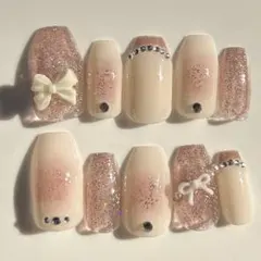 サイズオーダー　ネイルチップ　フレンチ　ガーリー　ワンホン　韓国風　春　チーク