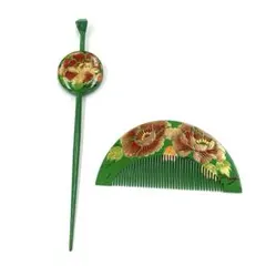 ☆新品未使用☆Ｂ級品キズ有り緑系花模様かんざし櫛セット