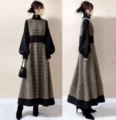 ロング　ワンピース　チェック　ハイウエスト　タートルネック　長袖　ぽわん袖　配色