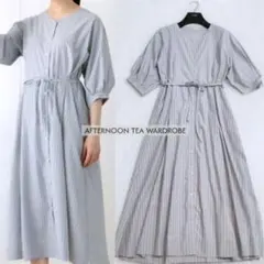 AfternoonTea ストライプ ロングワンピース シャツワンピース 半袖