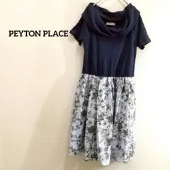 【ペイトンプレイス 】花柄ドッキングワンピース 半袖 M フレア ネイビー