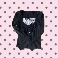 リボン付きブラック長袖トップス　姫カジ