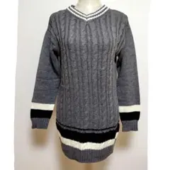 チュニック　ケーブルニット　Vネック　セーター　ミニワンピ　長袖ニット　トップス