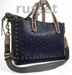 美品 ラシット 3WAY ショルダー・ハンドバック パンチング ネイビー系