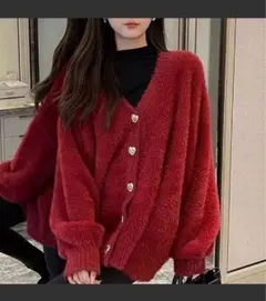 LADYLIKE ハートボタンV開きシャギーカーディガン レッドのサムネイル