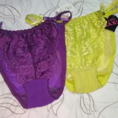 新品　エロかわMAX　レースショーツ　紫/黄緑　2枚セット　M　ビジュー付き