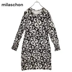 ミラショーン 総柄ワンピース 膝丈 ストレッチ　モノトーン　袖口ギャザー　40