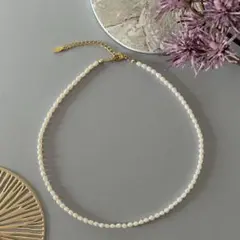【粒4mm前後】淡水パール　1連　ネックレス　チョーカー　金属アレルギー対応