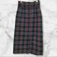 ナノ・ユニバース ネイビー チェック リバーシブル タイトスカート ロング S