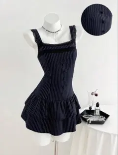 ☆ Elamini ブラックストライプレーストリミングミニドレス☆のサムネイル