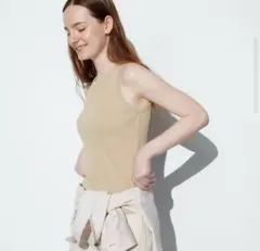 UNIQLO リブタンクトップ アメリカンスリーブ L ベージュ