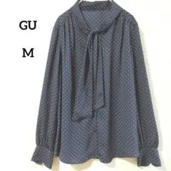 GU ボウタイ ブラウス ドット プリーツ М ネイビー オレンジ