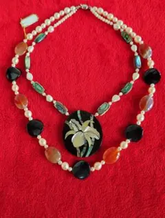 ネックレス 象嵌シェル アヤメの花 本真珠 バロックパール 瑪瑙 黒珊瑚 E4