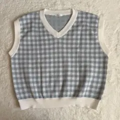 Honeys 水色チェック Vネック ニットベスト Lサイズ