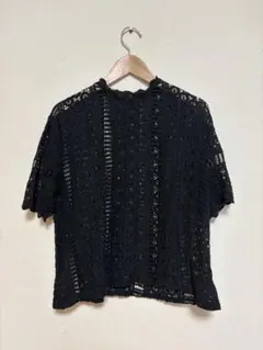黒 レース編み ５分袖トップス