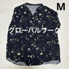 GLOBAL WORKさらさらリラックスプリント長袖シャツ　 Mネイビー　花柄