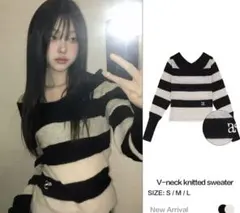 Vネックストライプニットセーター S